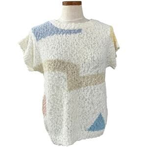Vintage 80s Grand Tier Knit Sweater L Cream Geometric Retro Normcore Grandma